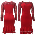 Red Bodycon O Neck Sequined Long Sleeves Sexy Ruffled Women Prom Dress